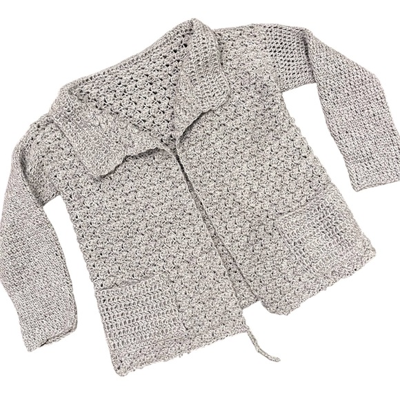 Gray Hand Knit Cardigan Sweater Open Front Shawl Collar Handmade Artisan - Picture 1 of 15